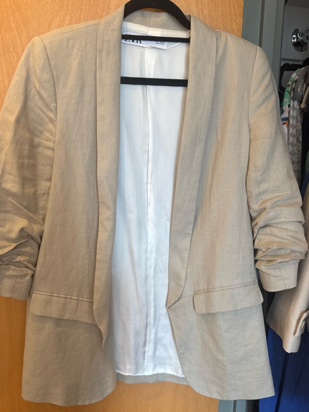 Zara Beige Open-Front Linen-Blend Blazer